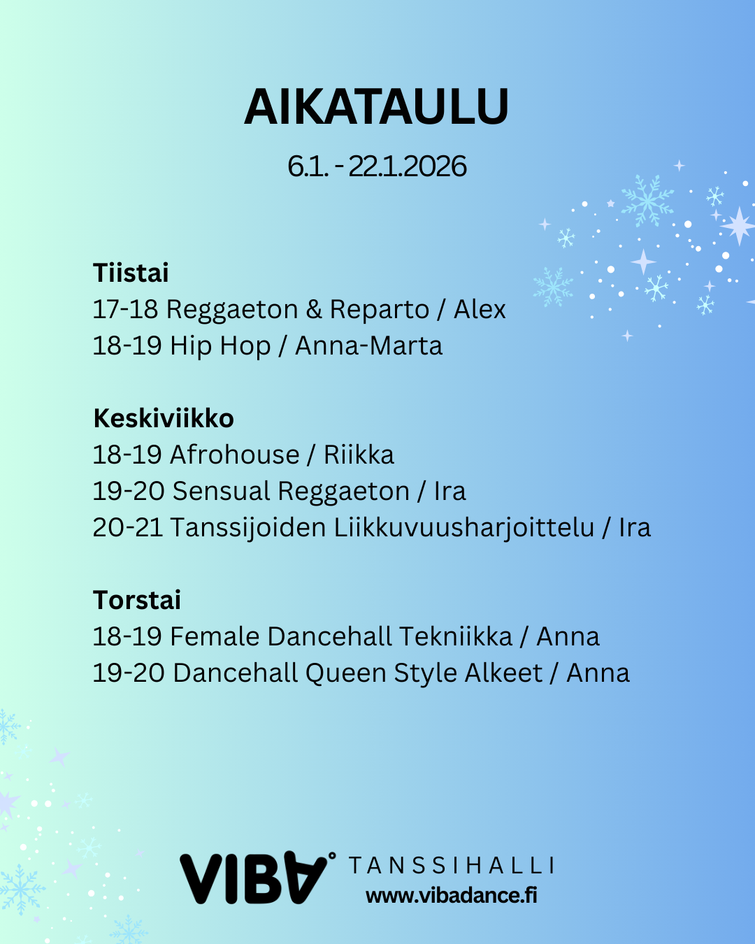 Tammikuu 2026 tanssikurssit Viballa.