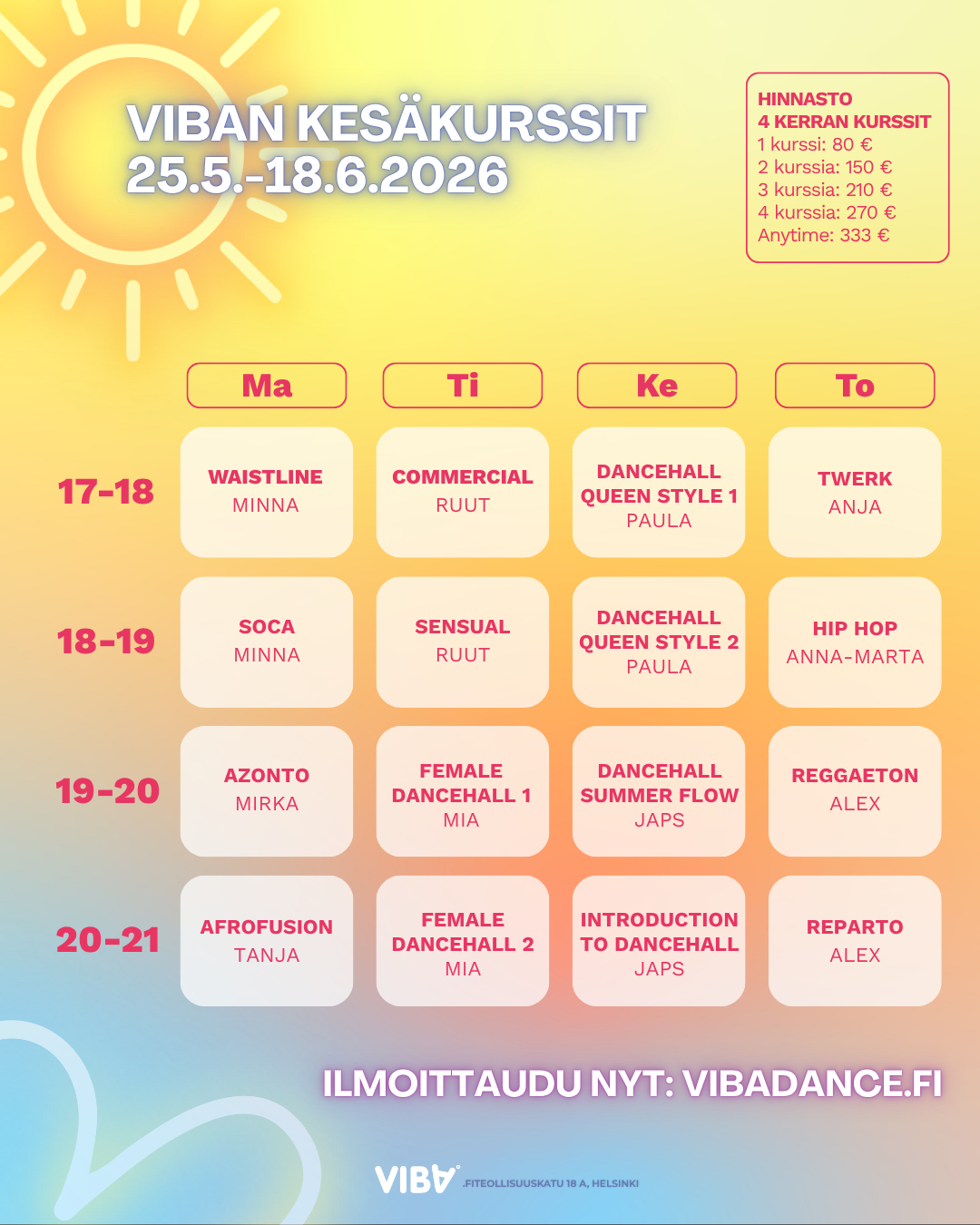 Viba Tanssihallin kesakurssit 2026.
